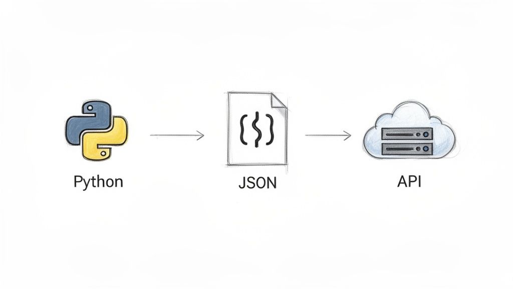 Python logo, JSON document icon with curly braces, and API cloud server, connected by arrows.