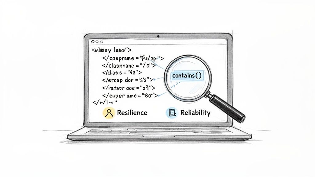 A laptop screen displays code with 'contains()' highlighted by a magnifying glass, showing resilience and reliability.