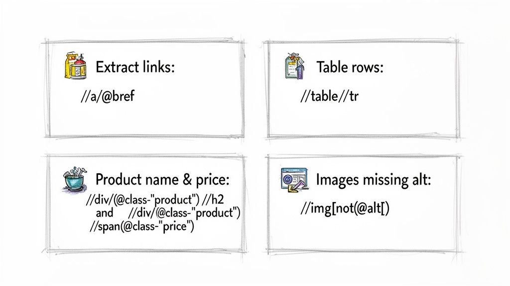 A visual cheat sheet illustrating four common XPath expressions for web scraping tasks, including links and table rows.