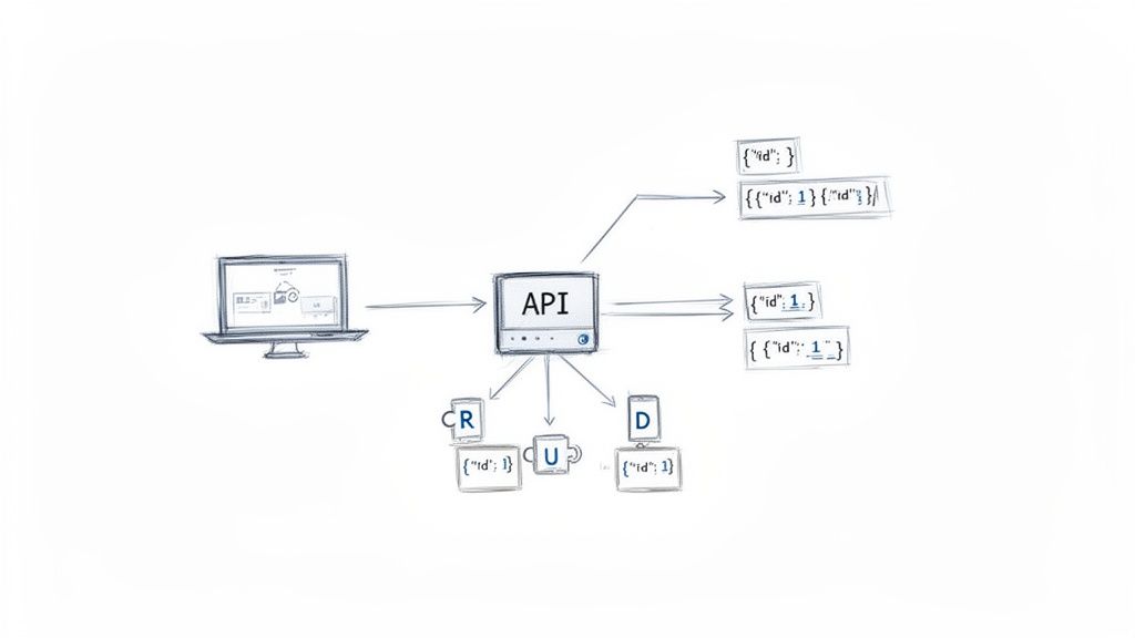 A diagram illustrating an API's role in processing requests and responses, including CRUD operations.