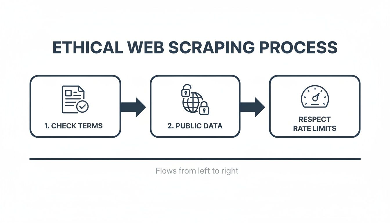 Flowchart illustrating the ethical web scraping process with three steps: check terms, public data, and respect rate limits.