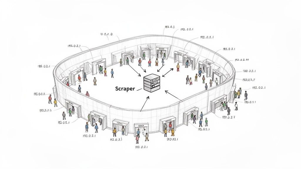 Illustration of a web scraper interacting with numerous users accessing through different IP addresses, forming a proxy network.