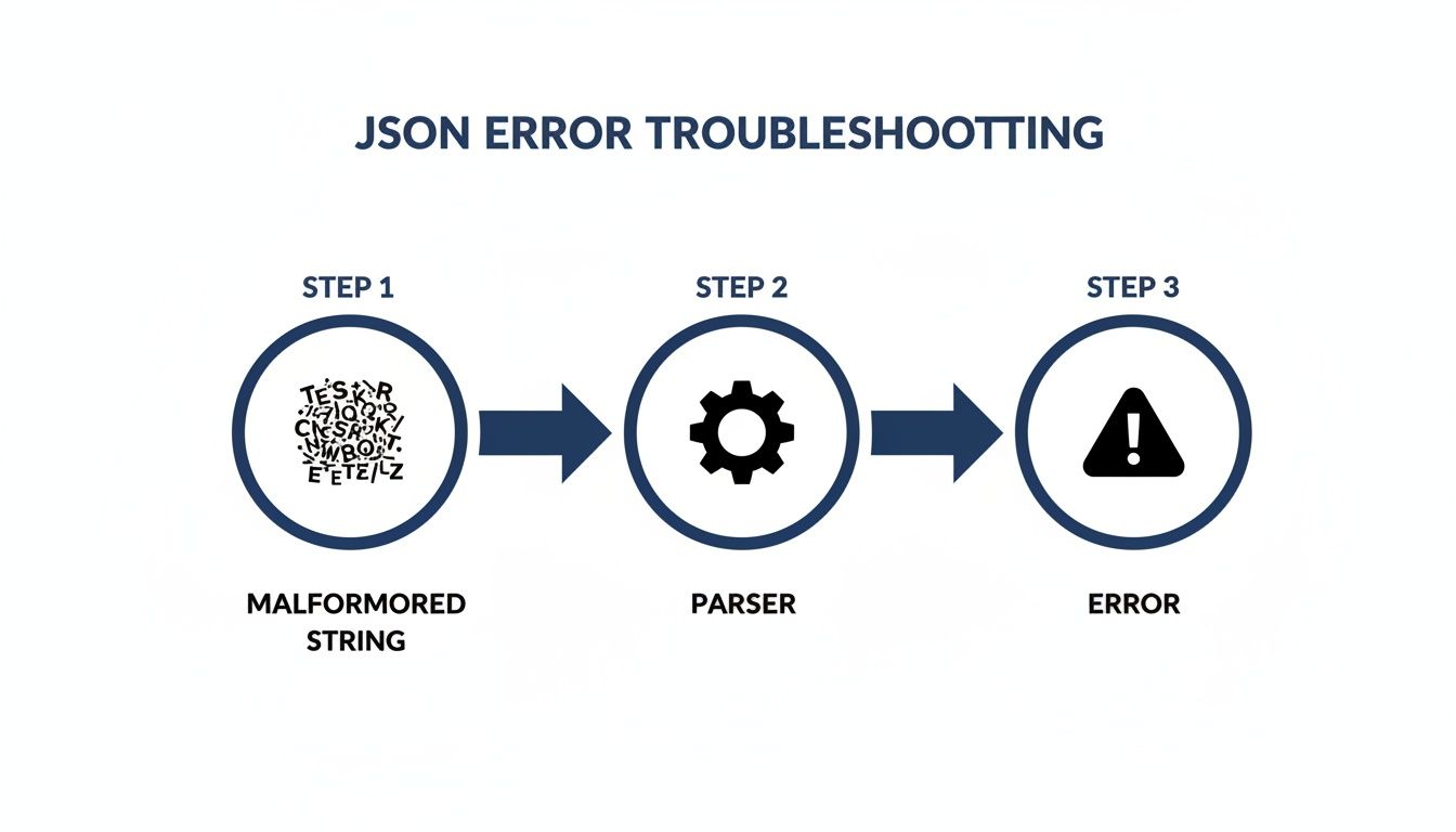 JSON error troubleshooting flowchart depicting a malformed string leading to a parser error.