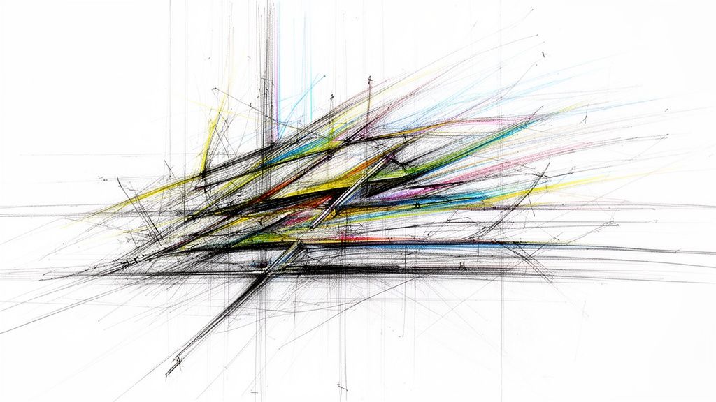 Dynamic abstract artwork with a burst of vibrant intersecting lines in various colors.