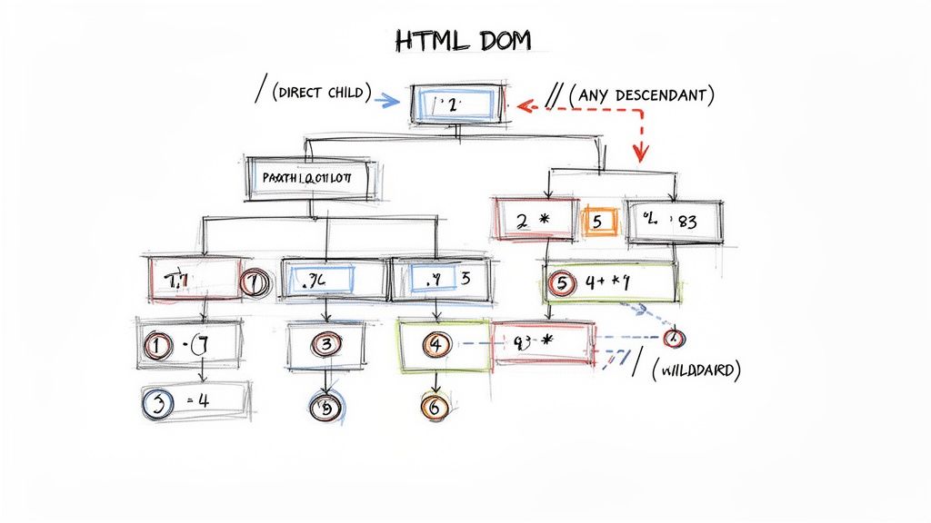 A hand-drawn diagram illustrating HTML DOM navigation rules, showcasing XPath concepts like direct child, any descendant, and wildcard.