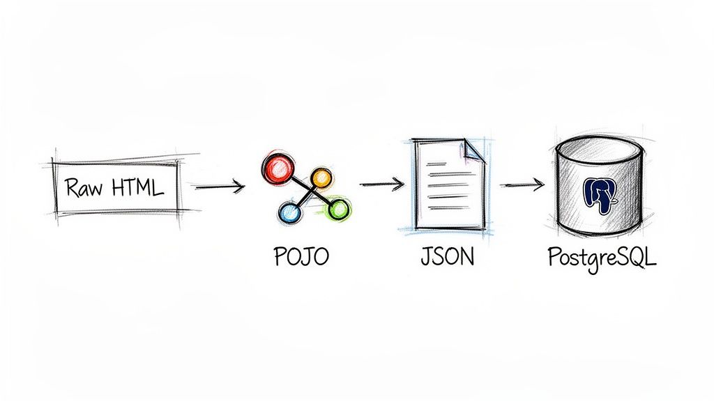 Flow diagram illustrating raw HTML parsed into POJO, converted to JSON, and stored in a PostgreSQL database.