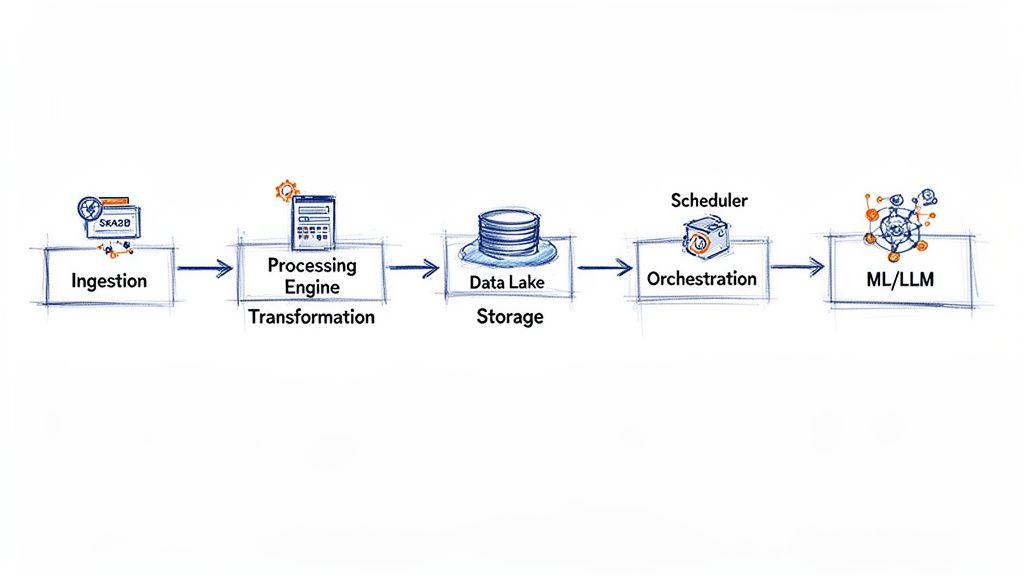 A hand-drawn diagram illustrating a data pipeline workflow from ingestion to ML/LLM models.