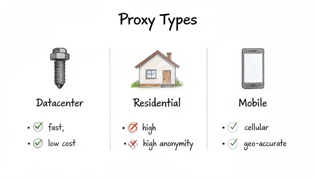 Diagram illustrating three types of proxies: Datacenter, Residential, and Mobile, with their characteristics.