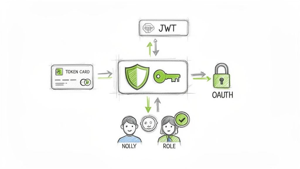 Diagram illustrating a security authentication and authorization flow with token card, JWT, OAuth, and user roles.
