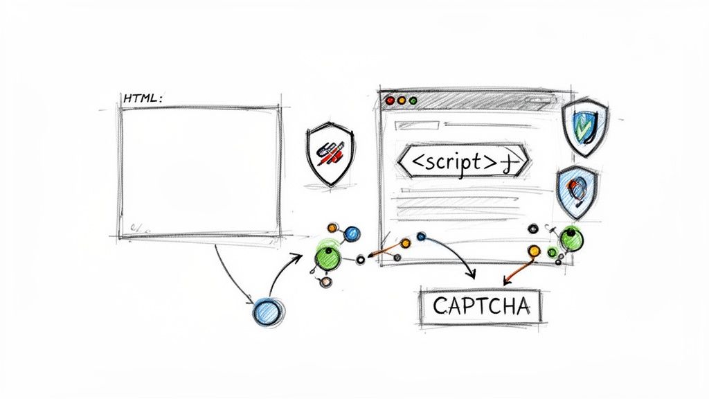 Sketch diagram showing HTML input, script execution in a web browser, and CAPTCHA verification process.