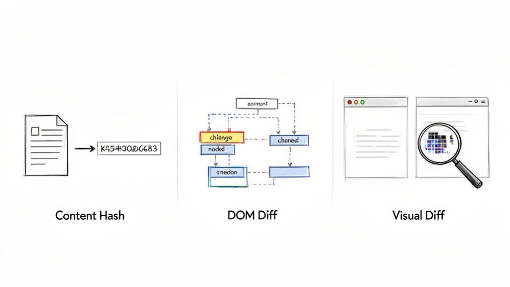 Diagram illustrating three methods for detecting website changes: Content Hash, DOM Diff, and Visual Diff.