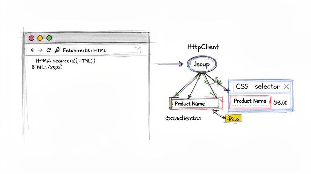 Web scraping diagram showing Jsoup extracting product name and price from HTML using CSS selector.