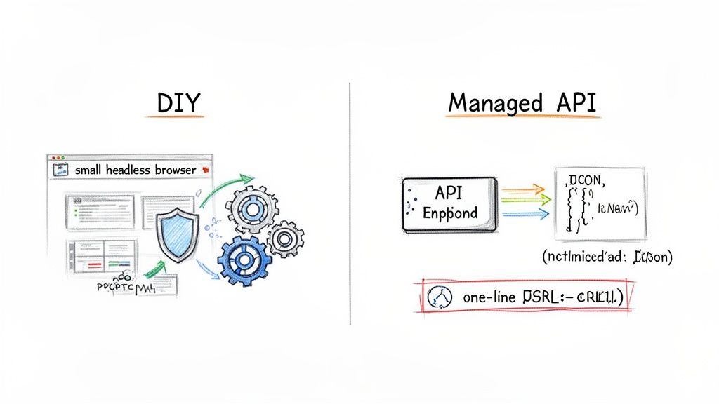 Diagram contrasting DIY data extraction with a headless browser and custom processing versus a simplified Managed API.
