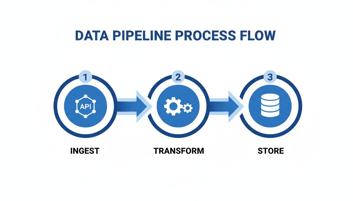 A data pipeline process flow diagram with steps: ingest (API), transform (gears), and store (database).