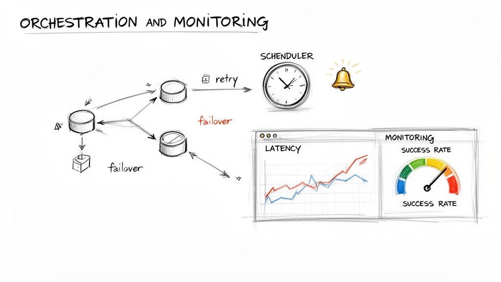 Diagram illustrating data orchestration and monitoring concepts with retry, failover, scheduler, latency graphs, and success rate gauge.