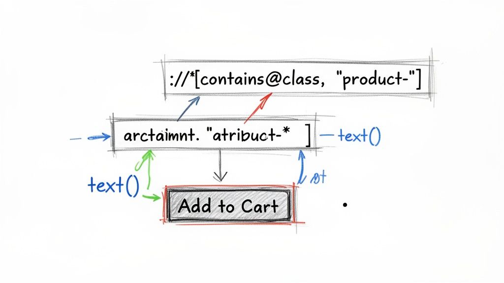A handwritten diagram illustrates XPath expressions for selecting elements, featuring 'contains' and 'text()' functions.
