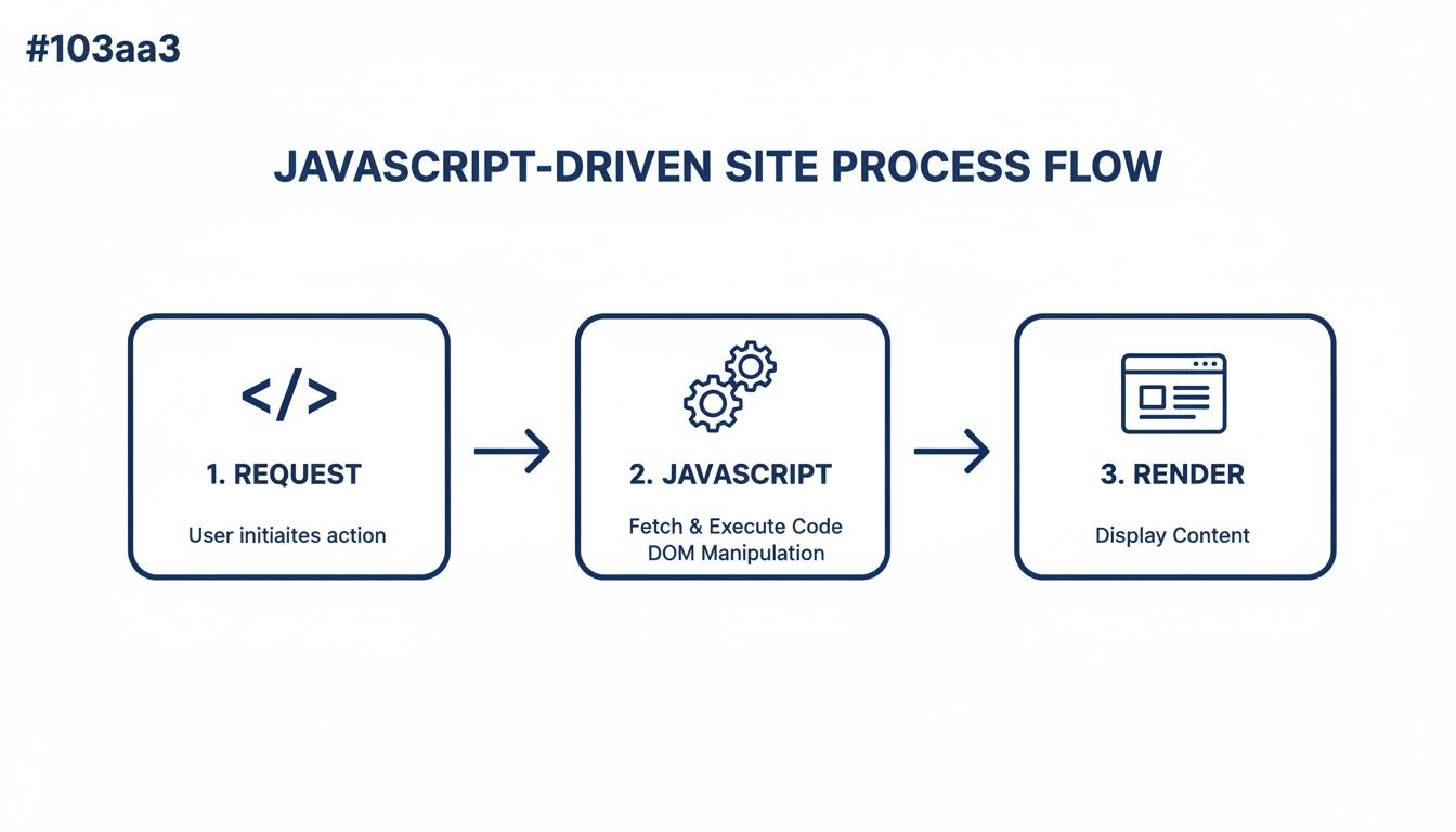 Flowchart showing a JavaScript-driven site process: 1. Request, 2. JavaScript execution, 3. Render content.