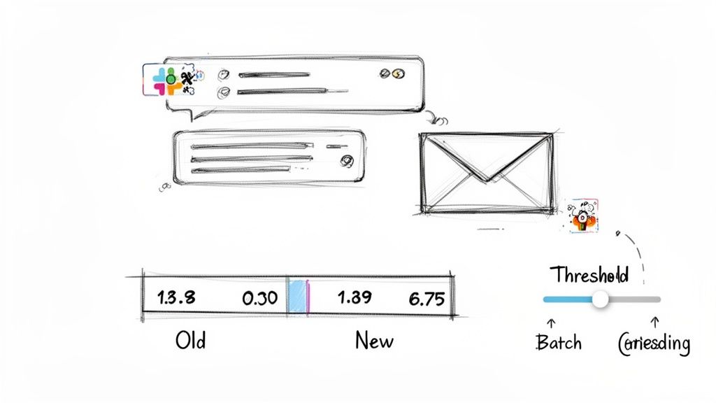 A sketch visualizing data monitoring, showing communication apps, version changes from Old to New, and a threshold slider.