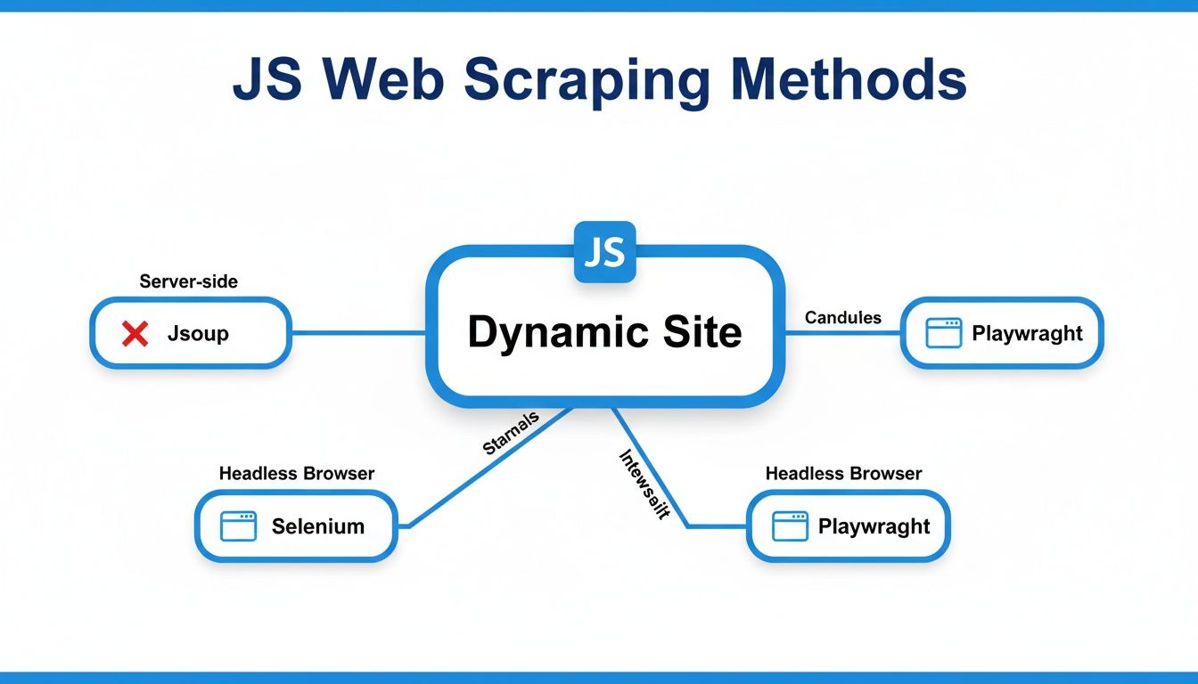 Diagram of JS web scraping methods for dynamic sites, featuring Jsoup, Selenium, and Playwright.