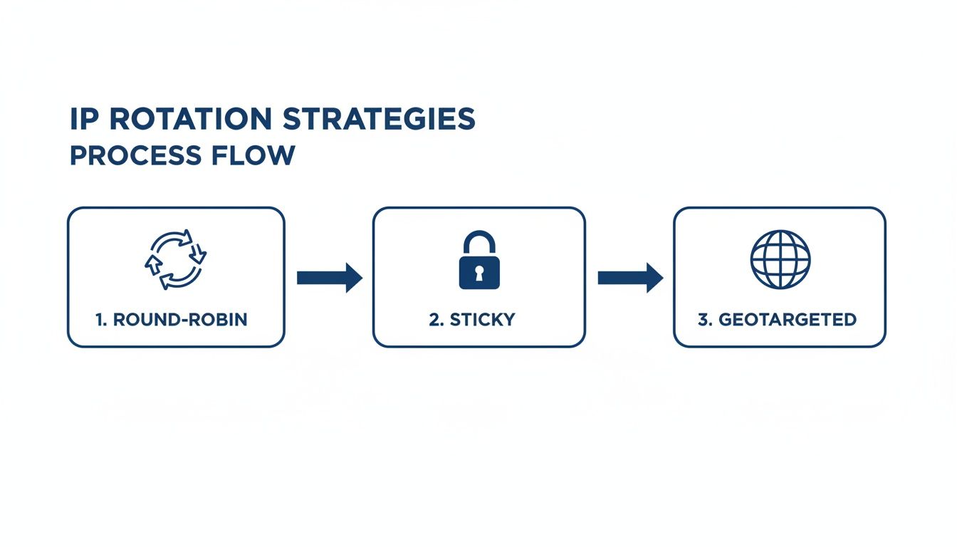 Visualizing IP rotation strategies process flow, including round-robin, sticky, and geotargeted methods.