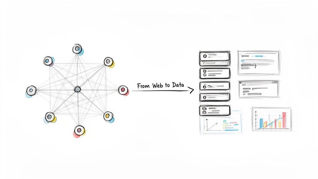 Diagram illustrating the process of transforming web content into structured data and visualizations.