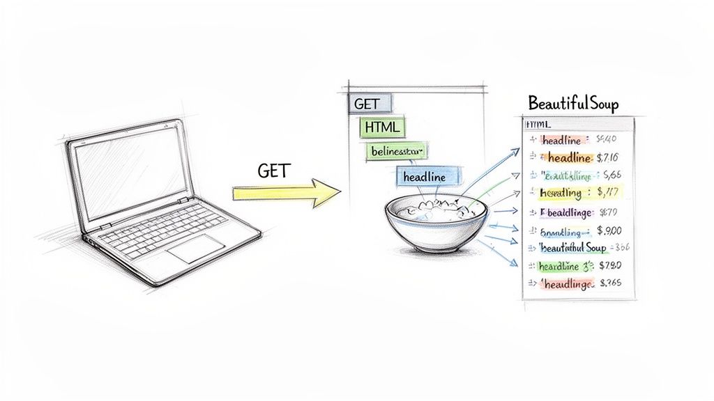 A diagram showing a laptop performing a GET request for HTML, parsed by Beautiful Soup to extract data.