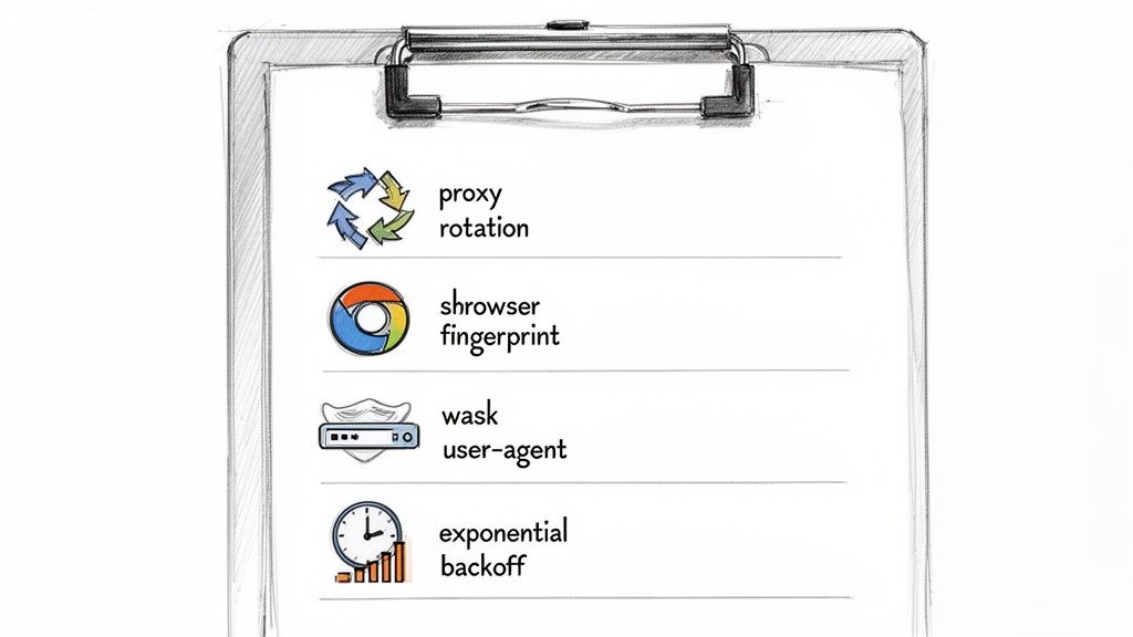 A clipboard lists four cybersecurity techniques: proxy rotation, browser fingerprint, user-agent, and exponential backoff.