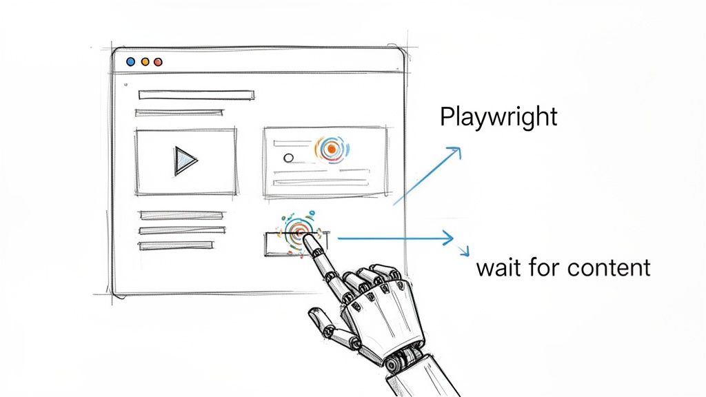 A robotic hand interacts with a web browser, showing Playwright automation waiting for content.