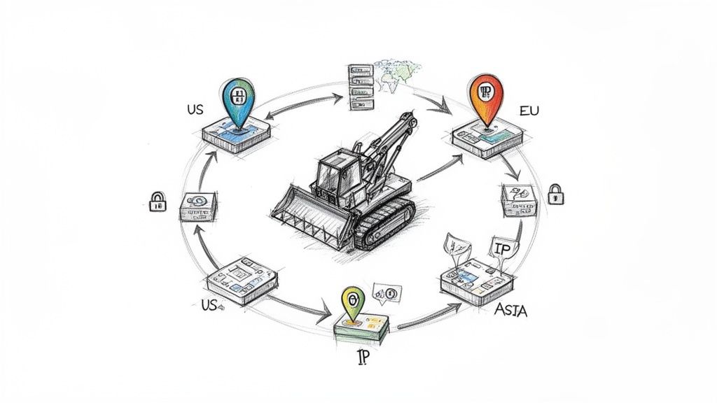 A sketch showing global data flow with an excavator, connecting US, EU, Asia, and IP nodes.