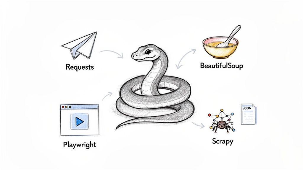 A diagram showing Python web scraping tools: Requests, BeautifulSoup, Playwright, and Scrapy, with a JSON file output.
