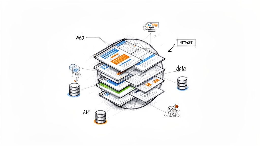 A sketch illustrating web data extraction, showing web pages on a globe, data stacks, and API access.