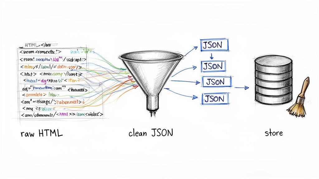 A diagram illustrating the process of extracting and cleaning raw HTML into structured JSON for storage.