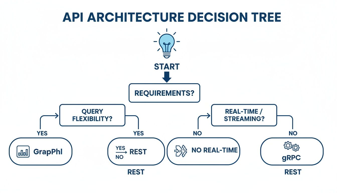 An API architecture decision tree flowchart guiding selection of GraphQL, REST, and gRPC based on requirements.