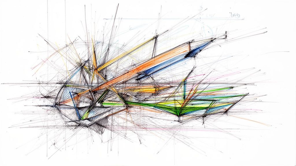 An intricate abstract geometric drawing featuring dynamic intersecting lines and vibrant colored planes in blue, orange, and green.