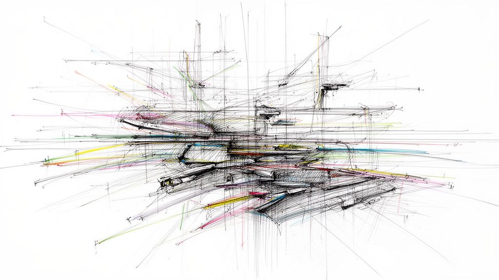 An abstract technical drawing featuring intersecting black lines and colorful accents, depicting a complex architectural structure.