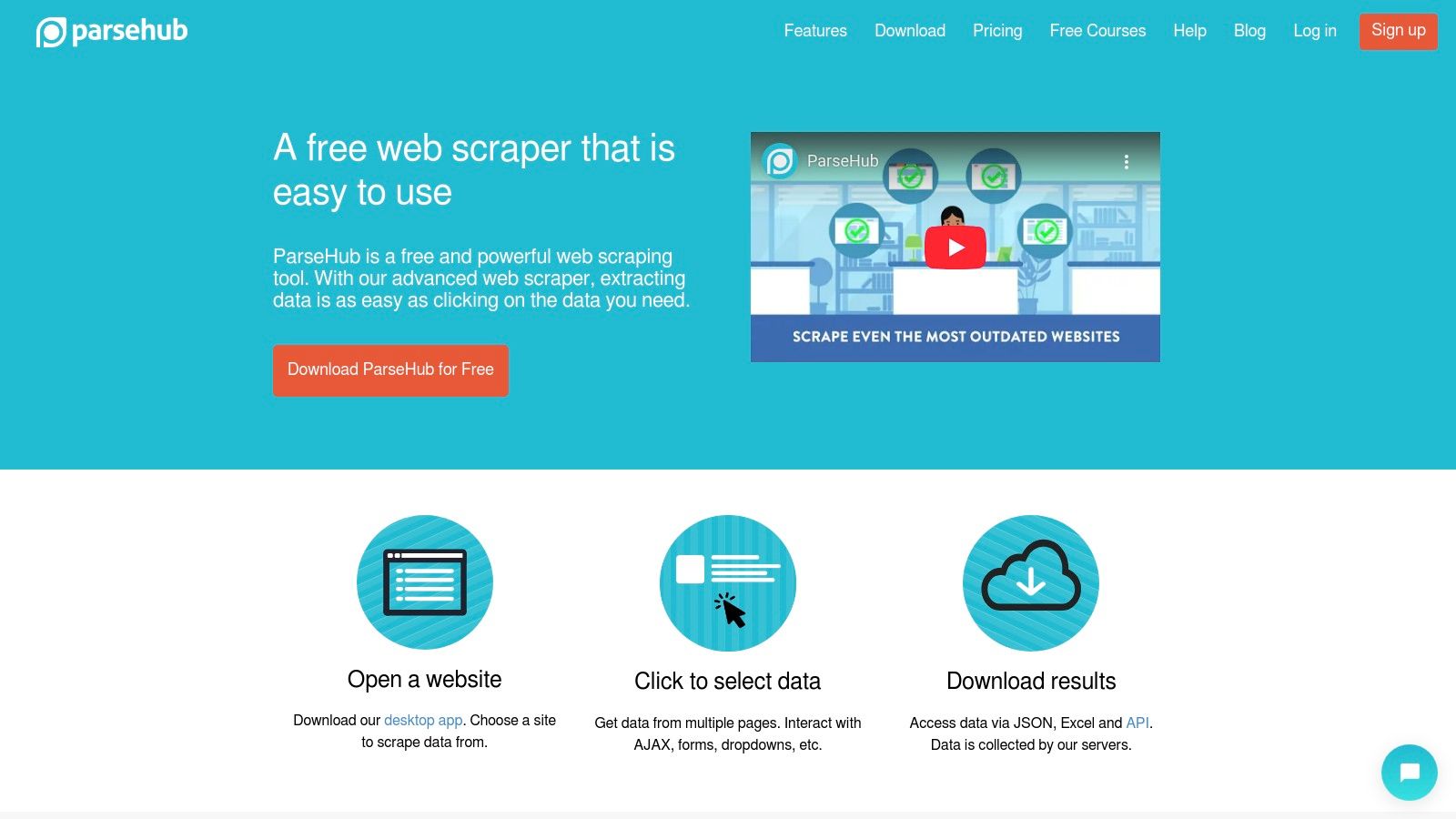 A screenshot of the ParseHub desktop application, showing its visual data selection and project-building interface.