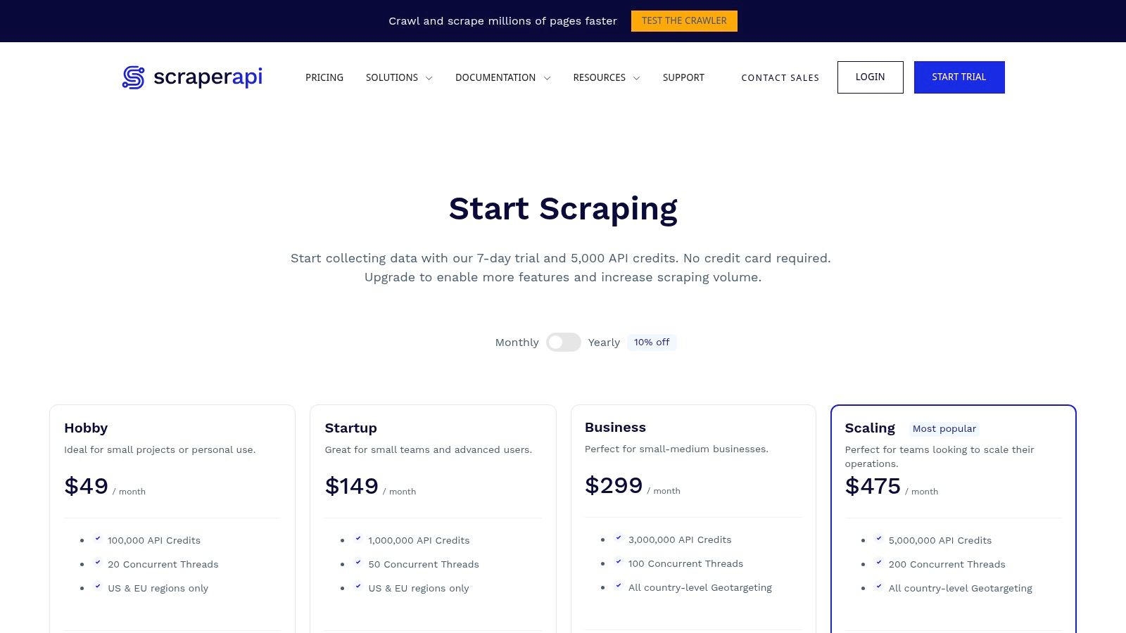ScraperAPI pricing plans showing different tiers based on API credits and features