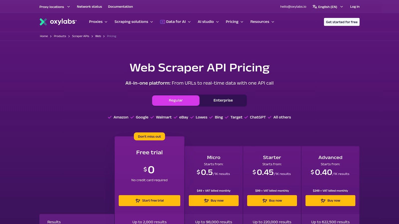 Oxylabs pricing plans for their Web Scraper API