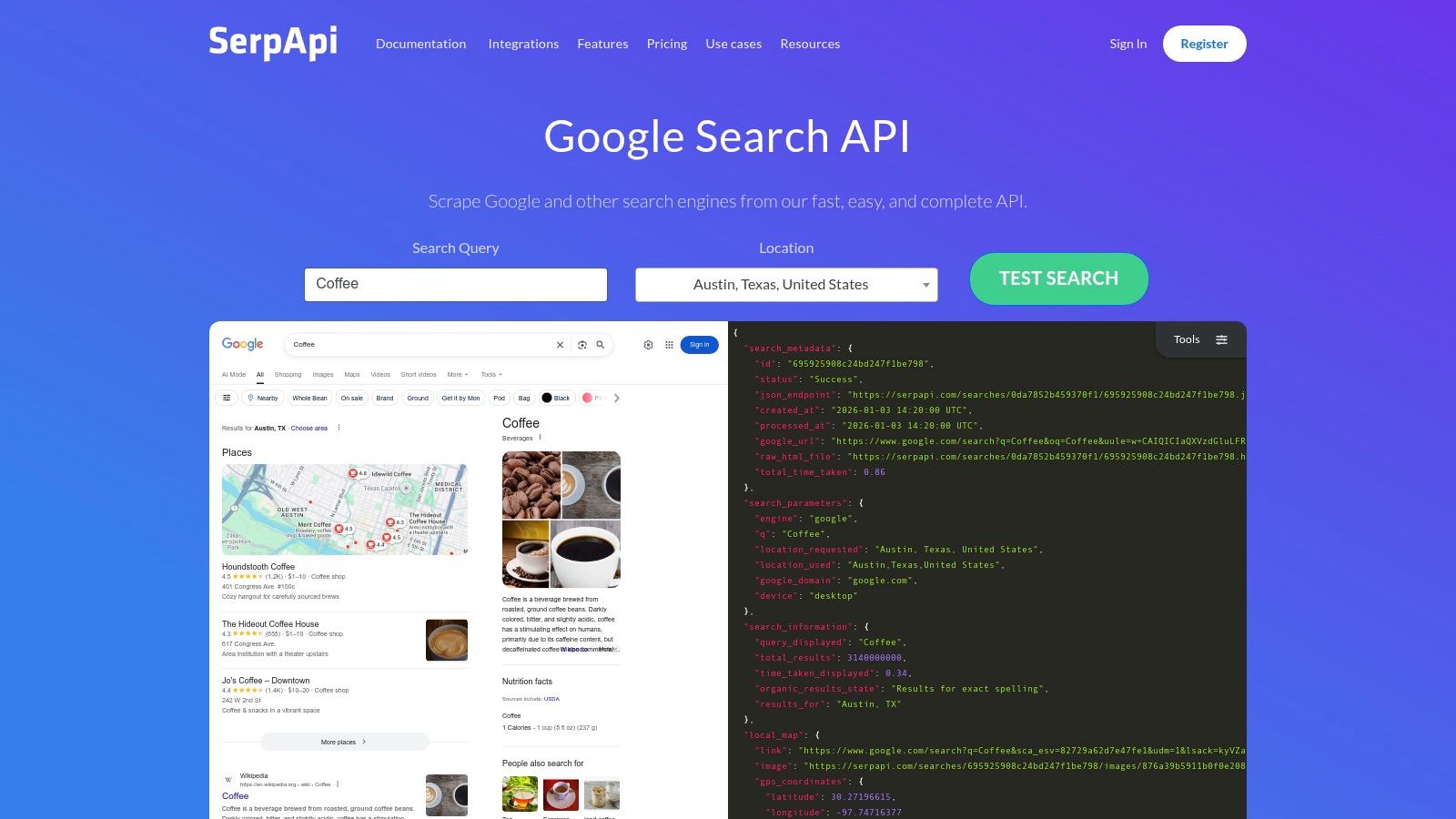 A screenshot of the SerpApi dashboard, showing search parameters and JSON output.