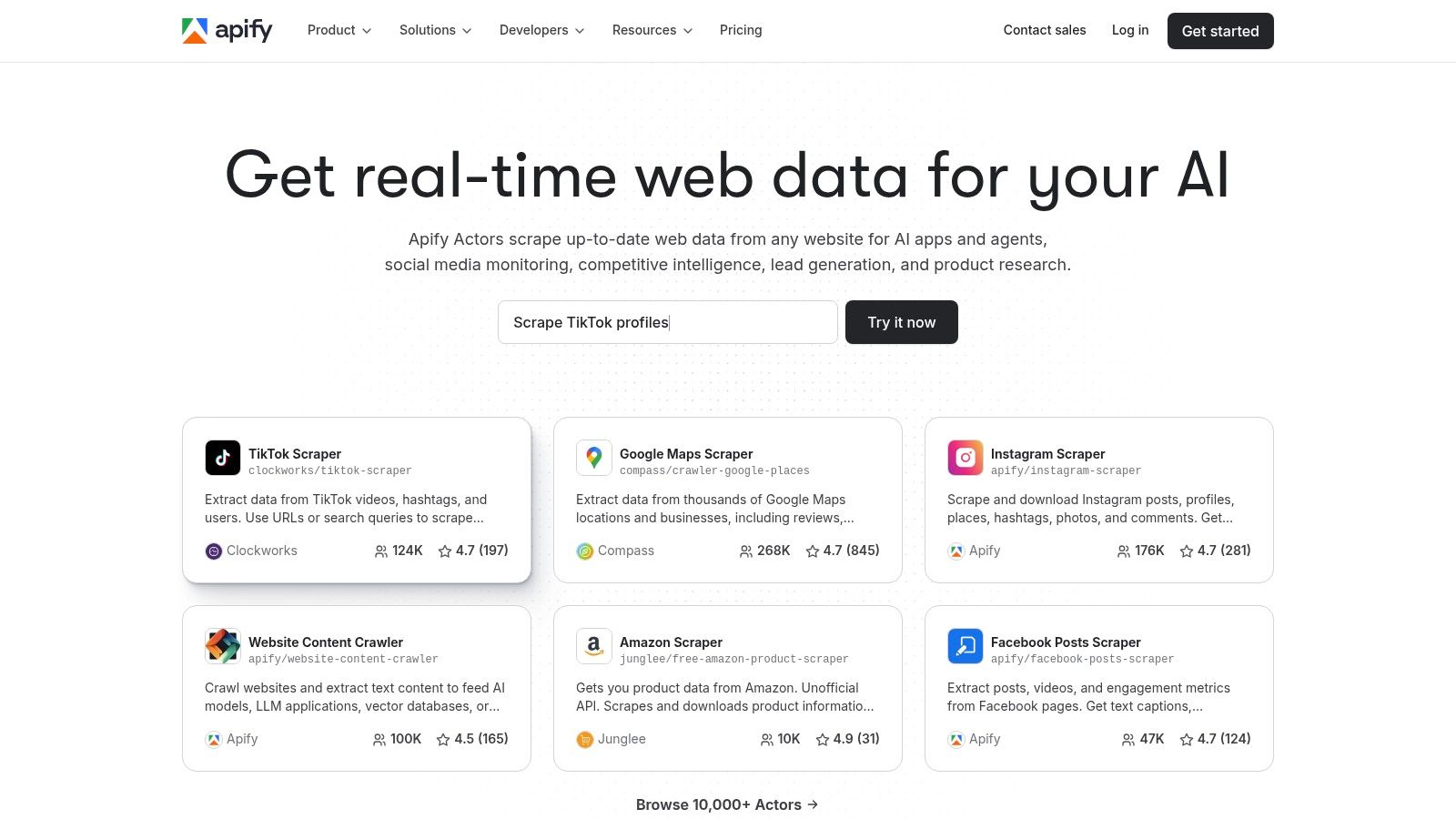 A screenshot of the Apify platform, showing the Apify Store and the marketplace of pre-built 
