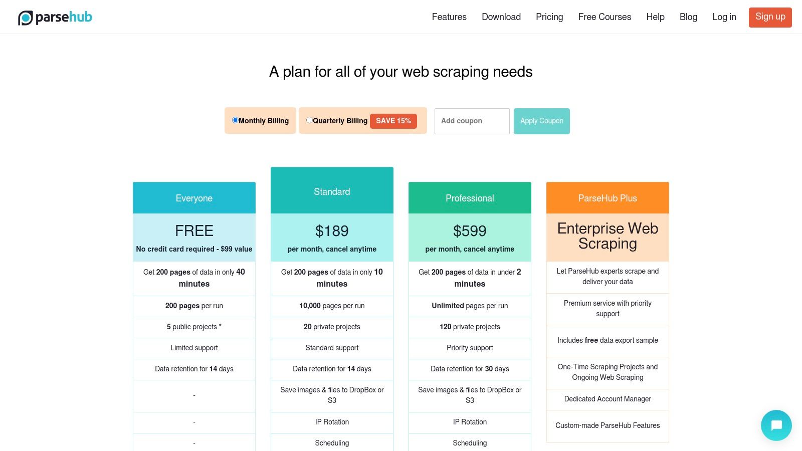 ParseHub pricing plans showing a free tier and various paid options