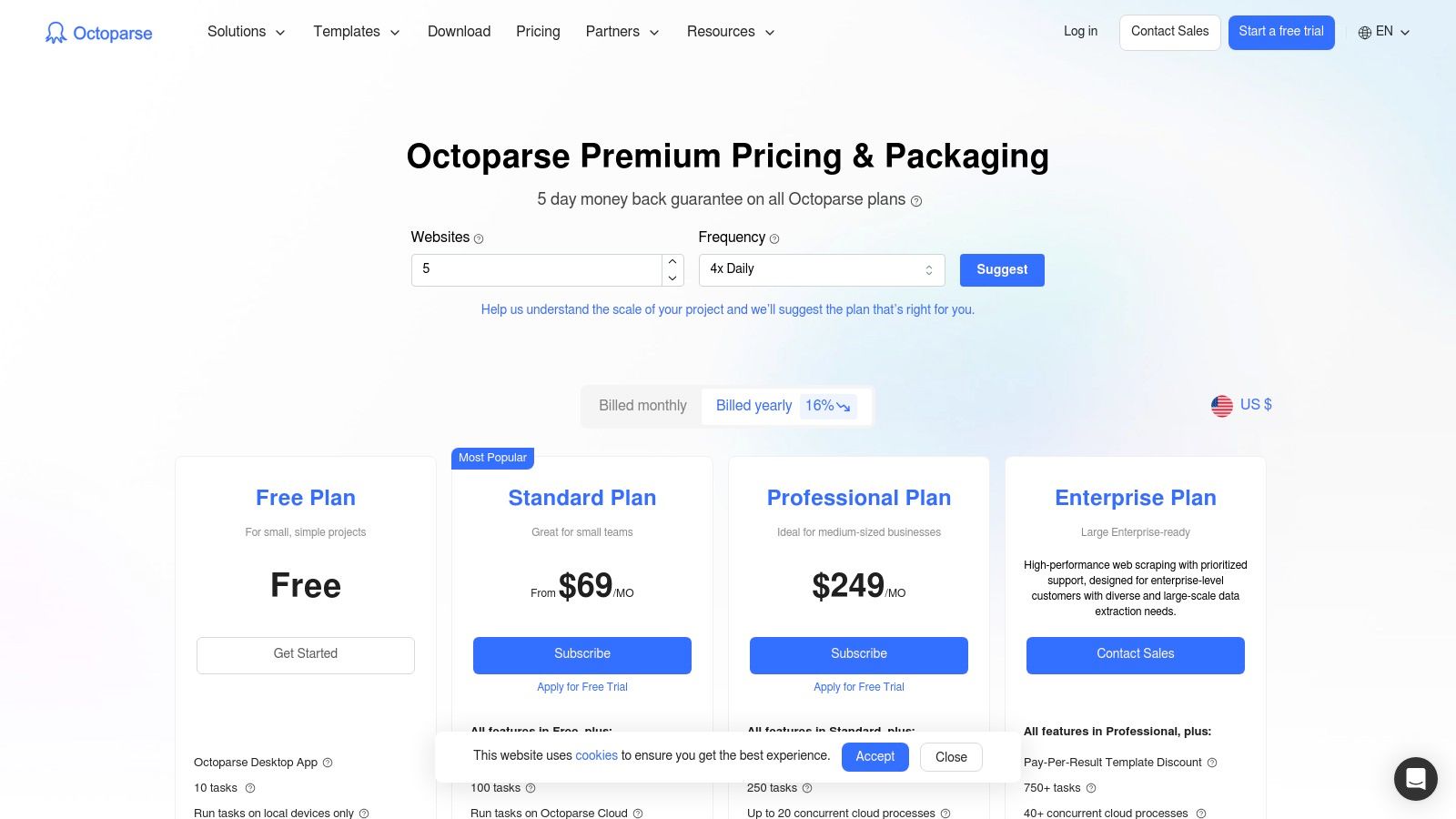 Octoparse pricing plans showing free, standard, and professional tiers