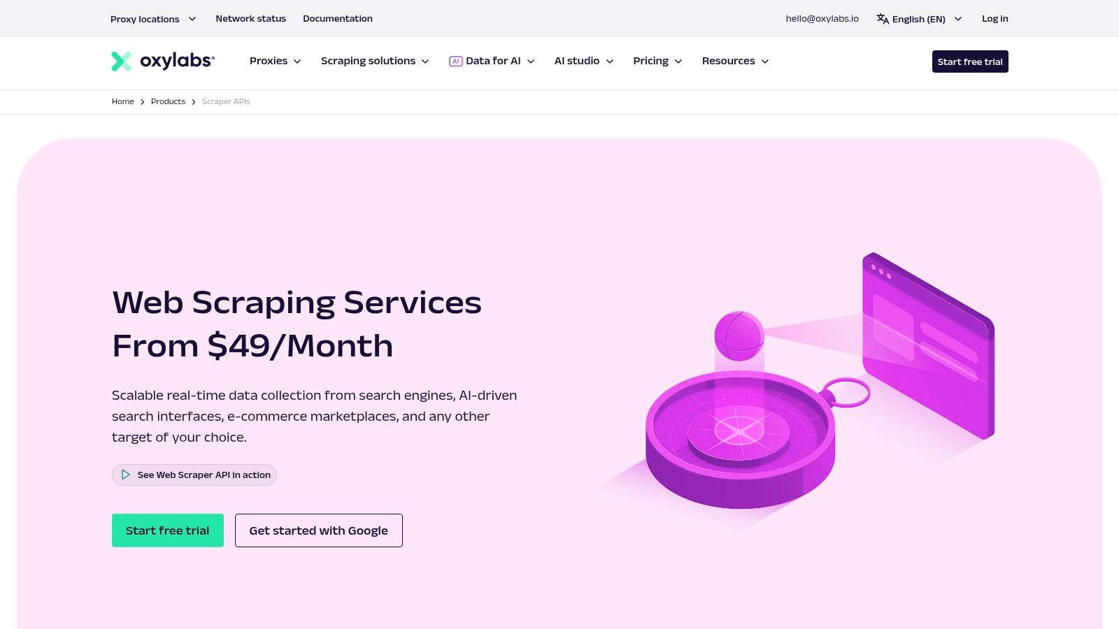 A screenshot of the Oxylabs dashboard showing its Scraper API products and usage statistics.