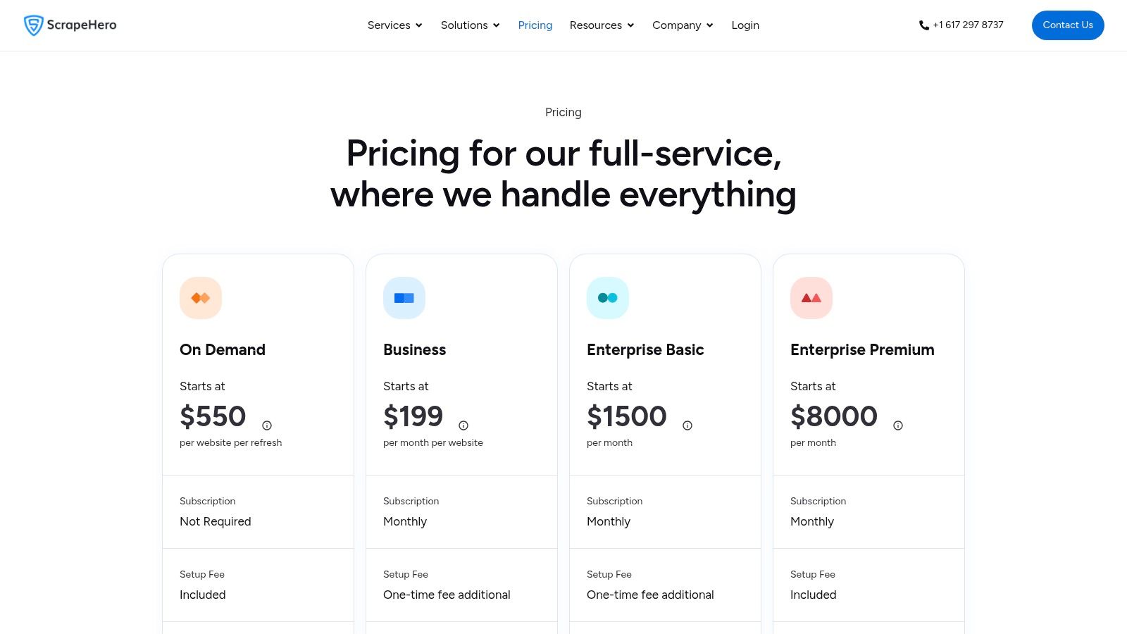 ScrapeHero pricing page showing different tiers for their managed services