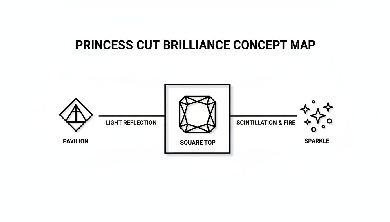 Concept map illustrating princess cut diamond brilliance, showing pavilion, light reflection, square top, scintillation, fire, and sparkle.