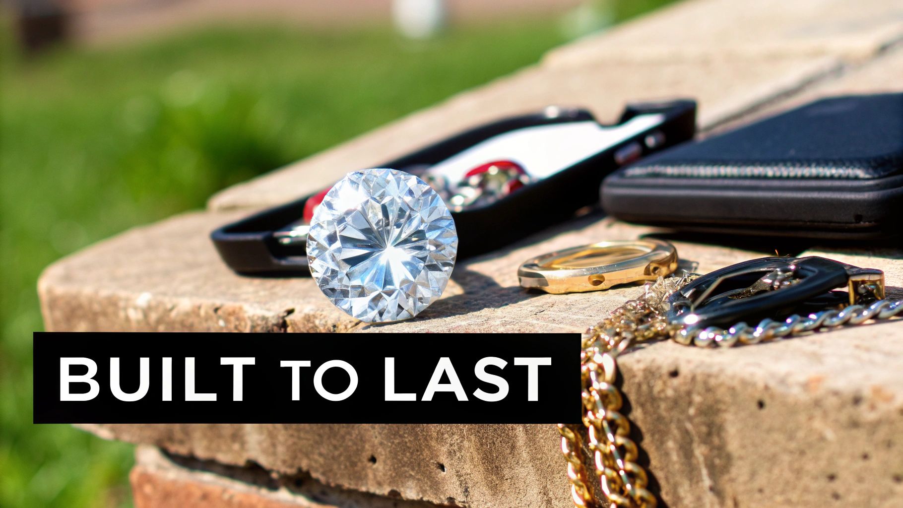 A brilliant-cut moissanite gemstone displayed on a rustic stone surface, symbolizing lasting quality.