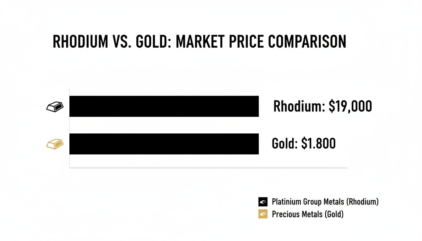 Bar chart comparing market prices: Rhodium at $19,000 and Gold at $1,800, showing Rhodium is significantly more expensive.