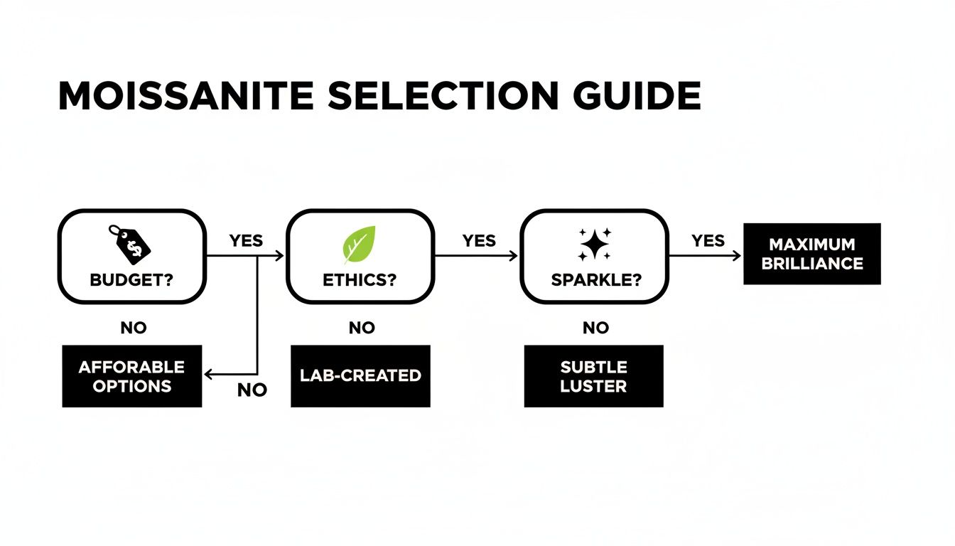 A flowchart outlining the Moissanite selection process based on budget, ethics, and sparkle.