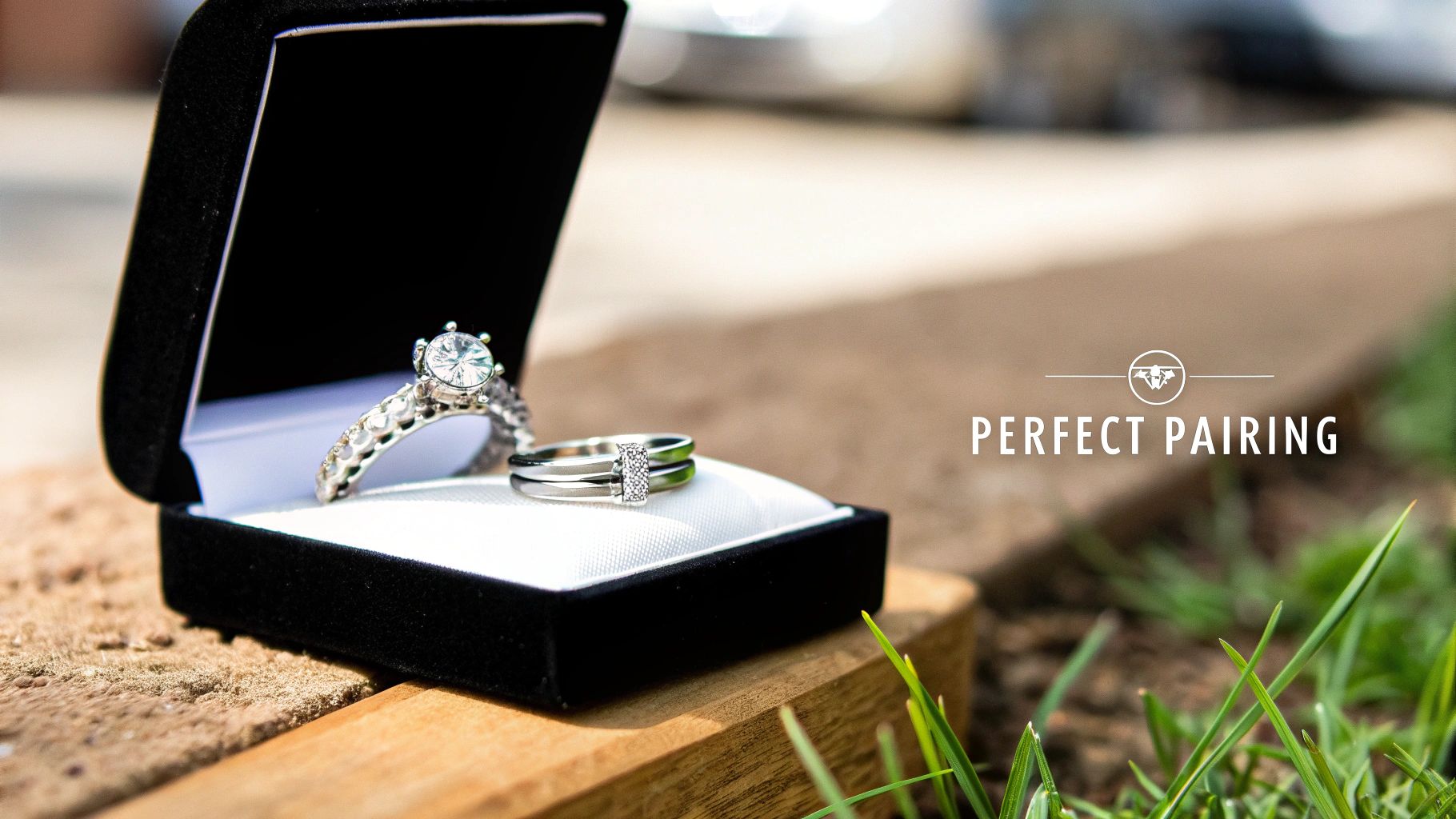 A beautiful diamond engagement ring and a wedding band displayed in an elegant black box outdoors.