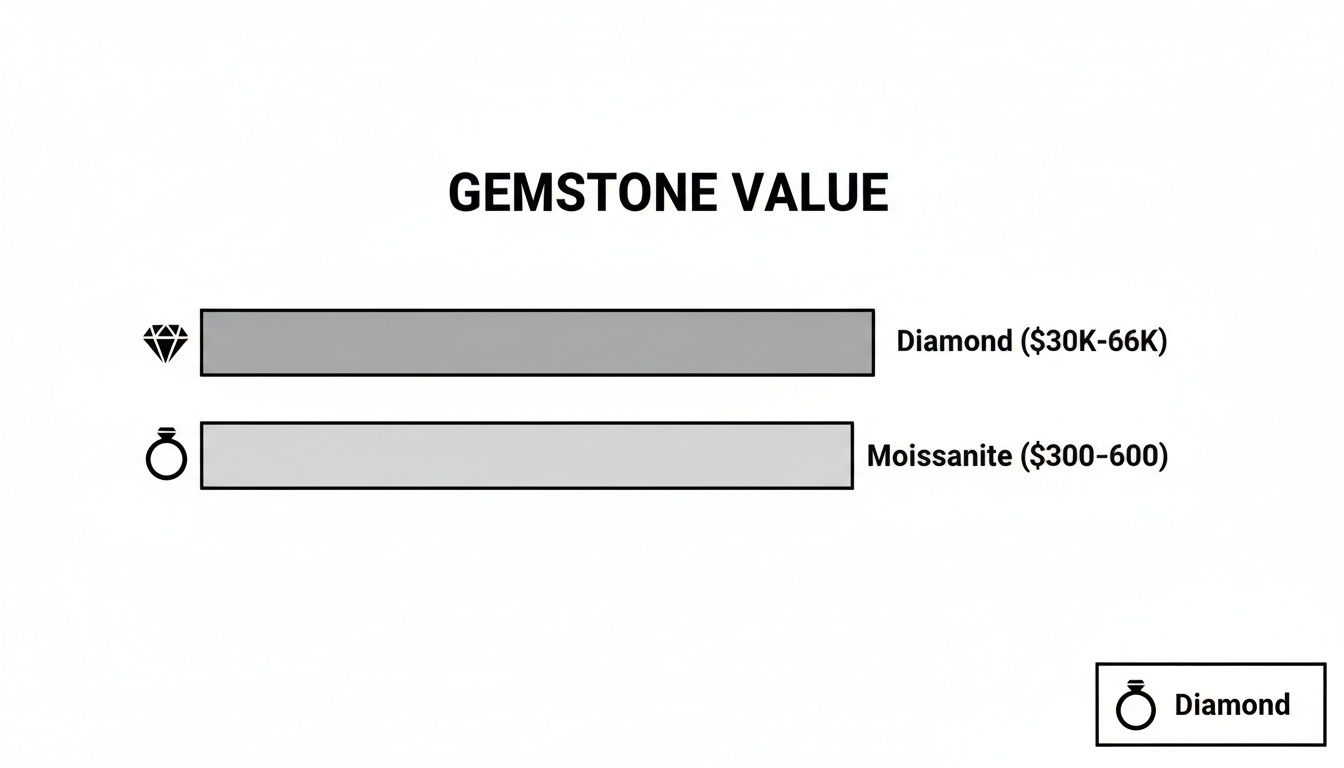 Bar chart comparing gemstone value, showing diamonds are significantly more expensive than moissanite.